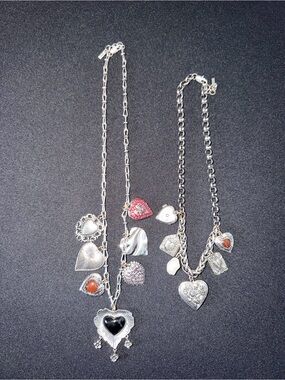 Zara Silver Multi-Heart Charm Necklace with Black and Coral Accents